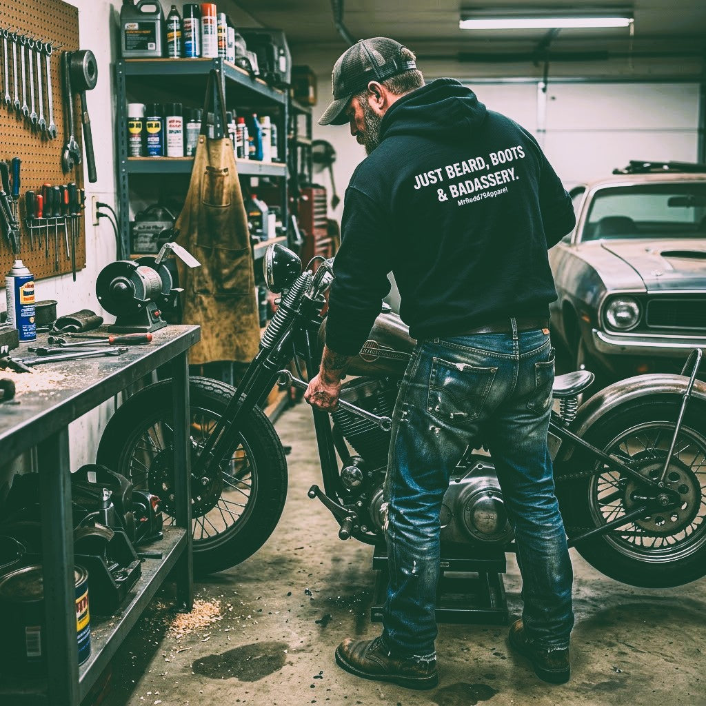 Badass Beard Hoodie — "Just Beard, Boots & Badassery" Graphic Sweatshirt